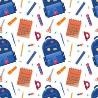 Seamless pattern of backpack with different stationery. Back to school and education concept. Background for design wrapping, textile, wallpaper, social media, print vector