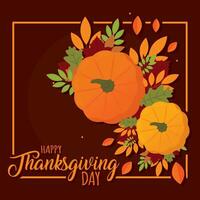 Thanksgiving day postcard with autumn leaves and pumpkins Vector