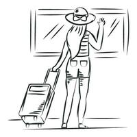 Sketch of girl with summer clothes and a travel bag Vector