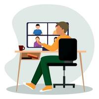 Male character doing an online meeting on a coworking space Vector