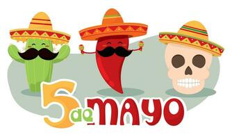 Cute cactus skull and pepper with mexican hats Cinco de mayo Vector
