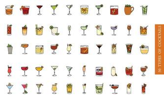 Set of colored tropical cocktail sketch icons Vector