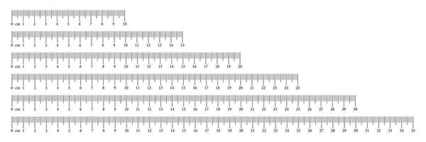 Measuring chart set with 10, 15, 20, 25, 30, 35 centimeters. Ruler scale collection with numbers. Length measurement math, distance, height, sewing tool. Vector illustration. Eps icons.