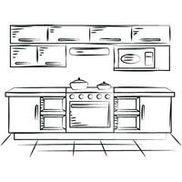 Sketch of an indoor kitchen design with a stove Vector