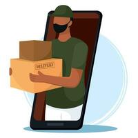 Smartphone with a delivery guy with boxes Vector