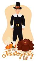 Cute boy character with pilgrim clothes Happy thanksgiving day Vector