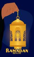 Hand holding a golden lantern with candle Vector