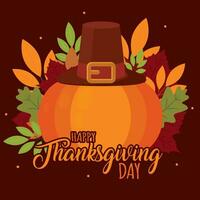 Pumpkin with autumn leaves and pilgrim hat Thanksgiving day Vector