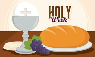 Bread chalice communion wafer grapes Holy week Vector