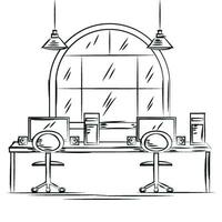 Sketch of an indoor office design with lamps desk and chairs Vector