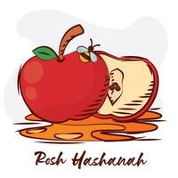 Isolated sketch of apples with honey and a bee Rosh Hashanah Vector