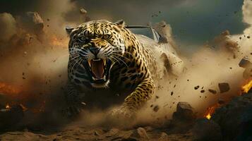 Running abstract tiger with open mouth in mud and dust photo