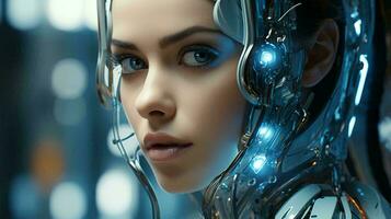 Robot woman face futuristic digital with metallic details photo