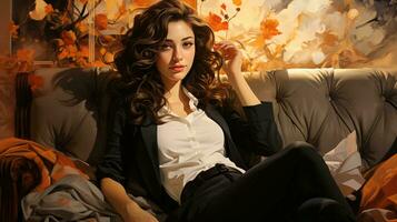 Beautiful young woman sitting on the sofa photo