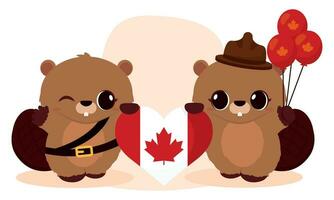 Cute pair of beaver characters with forest ranger uniforms Vector