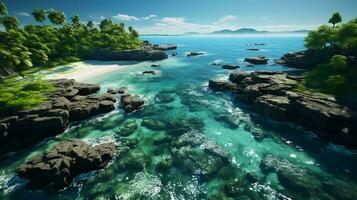 paraíso tropical verde isla con arboles en un playa recurso en el mar foto