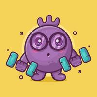 cute blueberry fruit character mascot doing bodybuilding using dumbbell isolated cartoon in flat style design vector