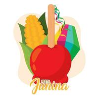 festa junina modelo con manzana caramelo y un maíz vector