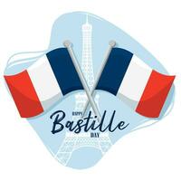 Pair of french flags and eiffel tower landmark Happy bastille day Vector