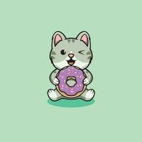 Cute kitten making big donut cartoon icon illustration vector