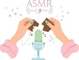 Vector ASMR illustration with broadcasting woman breaking chocolate on microphone to make crunching. ASMR broadcasting concept. Pleasant sounds for goosebumps.