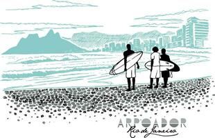 Vector illustration of surfer silhouette in coastal cityscape of Rio de Janeiro, Brazil. Drawing in free and stripped strokes. Art for printing on t-shirts, posters and etc.