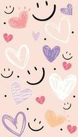 Vector illustration of pattern with scattered hearts and minimalist smiling faces. Design for print on fabrics, wallpaper, backgrounds and etc.