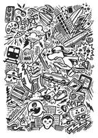 Handmade vector illustration of various elements, cartoon, urban, skateboarding, music, graffiti and etc. Art in free and stripped strokes. Design for backgrounds, prints on t-shirts, posters and etc.