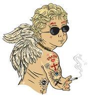 Vector illustration of angel with piercing and tattoo. Art in stripped style. Editable design for prints on t-shirts, posters and etc.