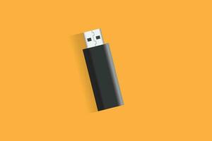 Vector graphic of USB flash disk illustration with black, white, grey and yellow color scheme. Perfect for computer accessories product mockup