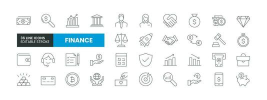 Set of 36 Finance line icons set. Finance outline icons with editable stroke collection. Includes Bank, Money, Coins, Bitcoin, Currency Exchange and More. vector