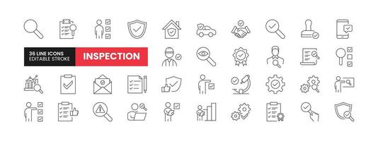 Set of 36 Inspection line icons set. Inspection outline icons with editable stroke collection. Includes Inspector, testing, house inspection, inspection report, and More. vector