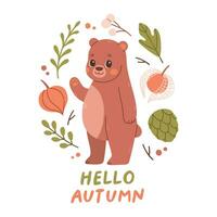 Hello autumn postcard with bear. Woodland card with leaves and cute forest animal on white background. Vector illustration