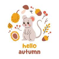 Hello autumn postcard with mouse. Woodland card with leaves and cute forest animal on white background. Vector illustration