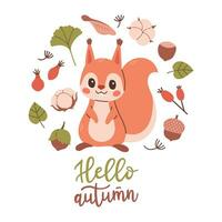 Hello autumn postcard with squirrel. Woodland card with leaves and cute forest animal on white background. Vector illustration