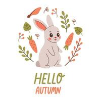 Hello autumn postcard with rabbit. Woodland card with leaves and cute forest animal on white background. Vector illustration