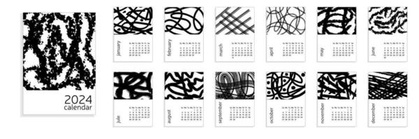 Abstract hand drawn brush calendar 2024. A4 calendar week starts from Sunday. 12 months templates. Calendar for 2024 year in English. Vector illustration.