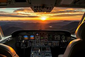 View from the cockpit of a small airplane with a view of the mountains at sunset, sunset view over the Blue Ridge Mountains from the cockpit of a private aircraft. Sky background, AI Generated photo