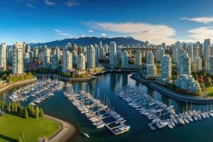 Vancouver cityscape, Vancouver, America, Aerial Panorama of Downtown City at False Creek, Vancouver, British Columbia, Canada, AI Generated photo
