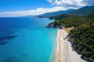 Aerial view of beautiful sandy beach on Zakynthos island, Greece, Aerial flight with drone over famous beach of Kavalikefta on the island of Lefkada in the Ionian Sea in Greece, AI Generated photo