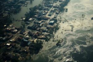 aéreo ver de un pueblo en el medio de el mekong río, aéreo pov ver representación de inundación. devastación forjado después masivo natural desastres, ai generado foto