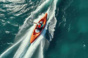 aéreo ver de un hombre en naranja kayac en el mar, aéreo parte superior abajo ver de slalom hecho por velocidad barco en un kayac navegación instrucción, ai generado foto