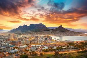 Sunset over Table Mountain and downtown Cape Town, South Africa. Aerial panoramic view of Cape Town cityscape at sunset, AI Generated photo