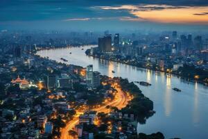 aéreo ver de Bangkok ciudad a crepúsculo tiempo, tailandia. aéreo horizonte ver de Hanoi. Hanoi paisaje urbano a crepúsculo, ai generado foto