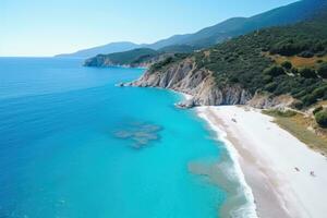 aéreo ver de el hermosa playa en cefalonia, Grecia, aéreo vuelo con zumbido terminado famoso playa de kavalikefta en el isla de lefkada en el jónico mar en Grecia, ai generado foto