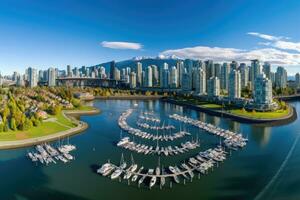 Panoramic aerial view of the city of Vancouver, British Columbia, Canada, Aerial Panorama of Downtown City at False Creek, Vancouver, British Columbia, Canada, AI Generated photo