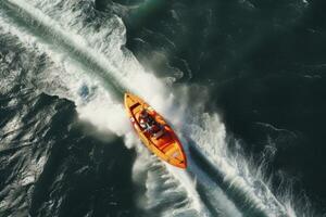 aéreo ver de un hombre conducción un naranja motor barco en el mar, aéreo parte superior abajo ver de slalom hecho por velocidad barco en un kayac navegación instrucción, ai generado foto