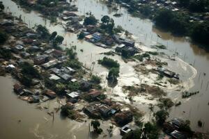 Aerial view of a flooded area in the Mekong Delta, Vietnam, Aerial POV view Depiction of flooding. devastation wrought after massive natural disasters, AI Generated photo