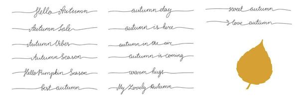 Collection of autumn quotes, one line continuous text.  Line art fall short phrases. Handwriting autumn text. Vector illustration.