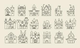 Large set of doodle castles. Hand drawn outline castle isolated on background. Vector illustration.